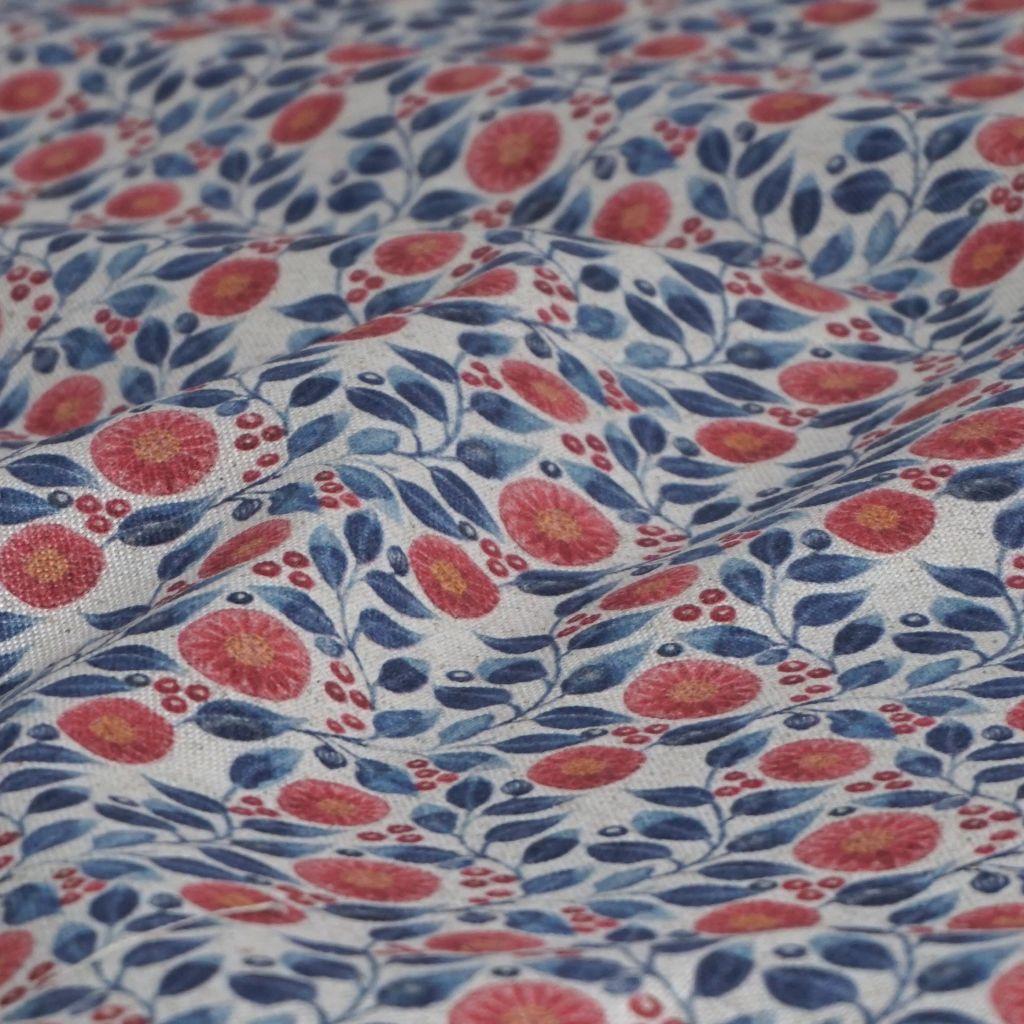 Dekostoff Baumwolle Leinen Blüten Blätterranken blau rot